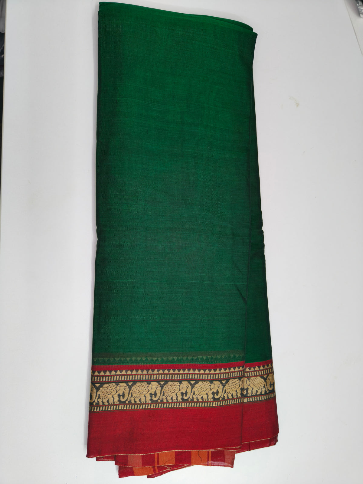 Green Cotton Saree with Elephant Woven Border