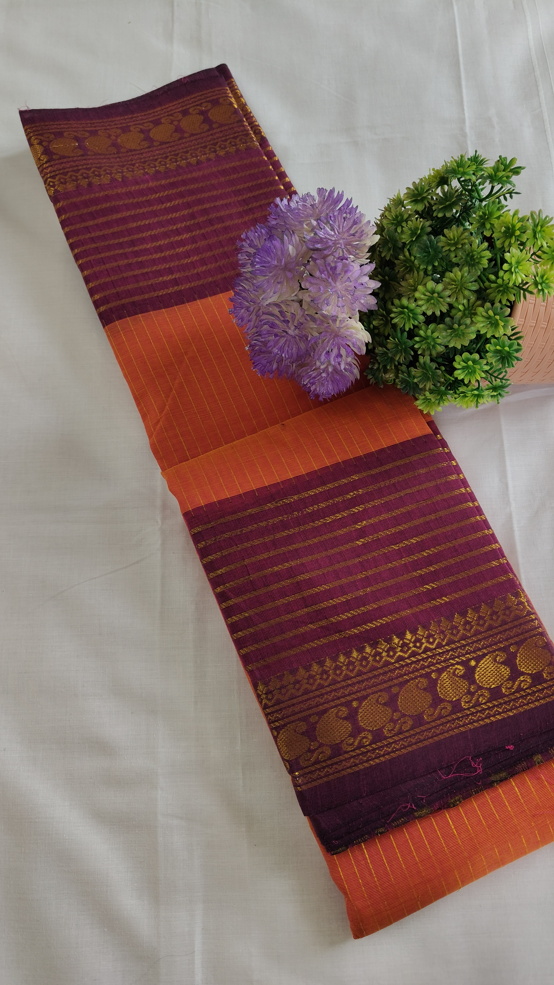 Orange Cotton Saree with Maroon Zari Border