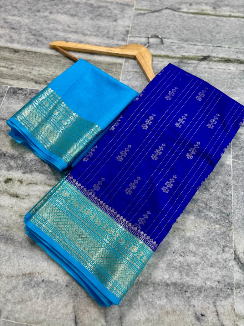 Blue Chiniya Soft Saree with Golden Border
