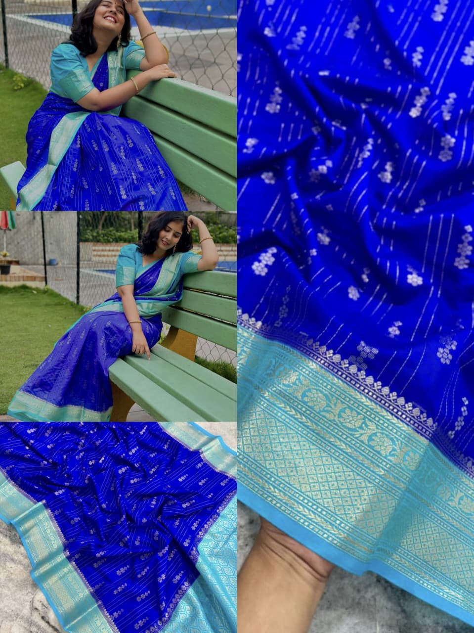 Blue Chiniya Soft Saree with Golden Border