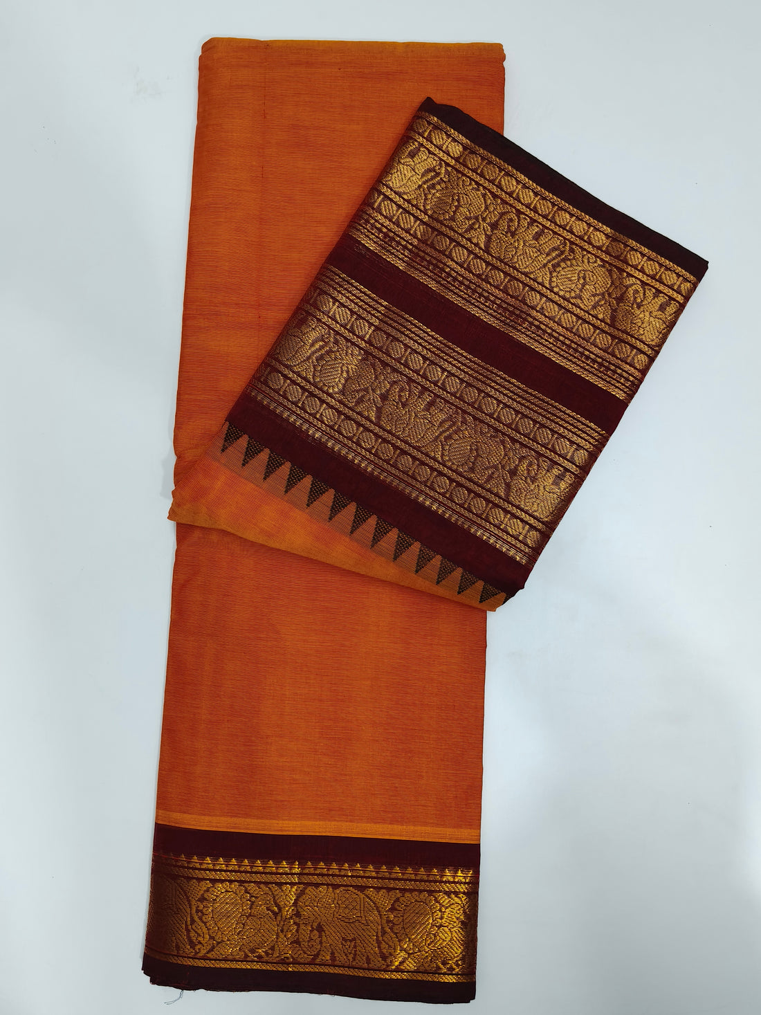 Orange Kanchi Cotton Saree with Golden Elephant Woven Border