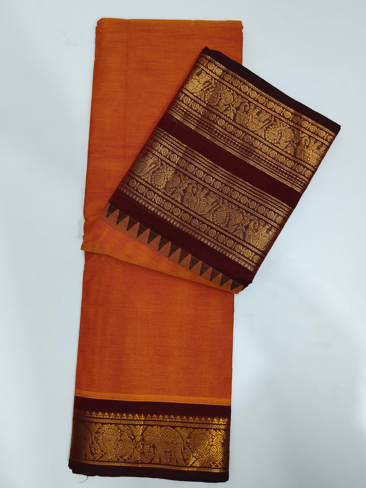 Orange Kanchi Cotton Saree with Golden Elephant Woven Border