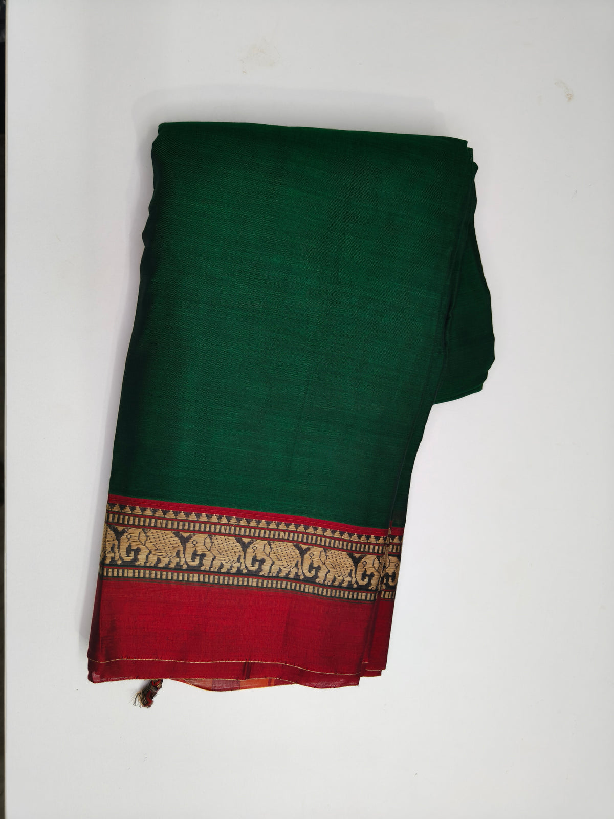 Green Cotton Saree with Elephant Woven Border