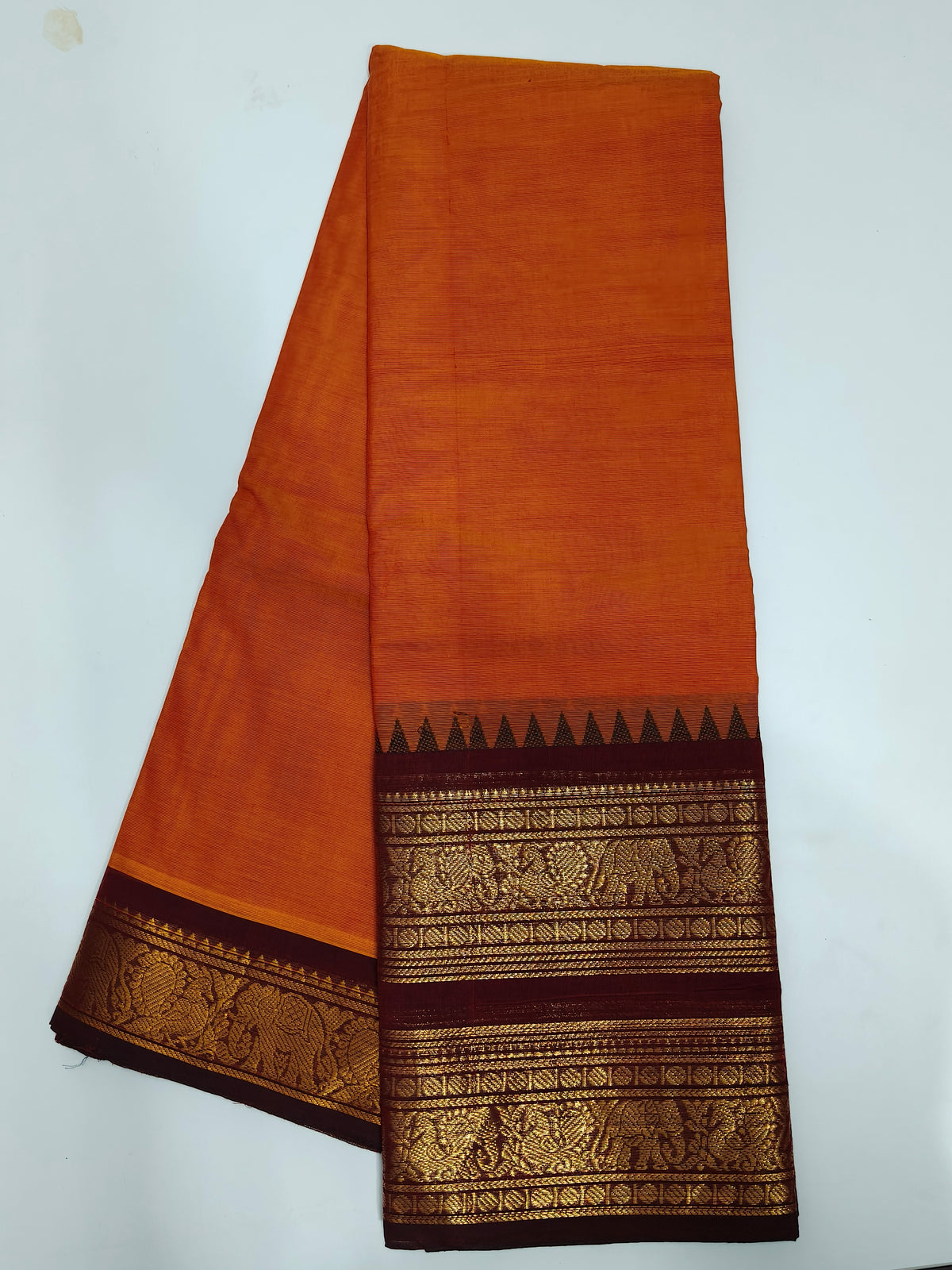 Orange Kanchi Cotton Saree with Golden Elephant Woven Border