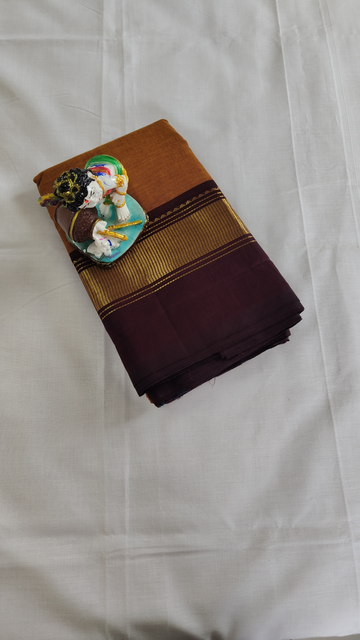 Brown Cotton Saree with Golden Woven Border
