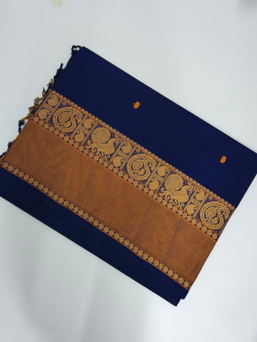 Navy Blue Cotton Saree with Golden Zari Border