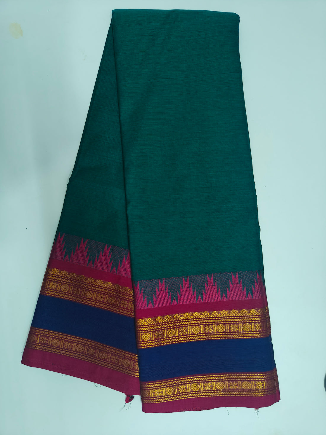 Green Kanchi Cotton Saree with Maroon and Navy Blue Zari Border