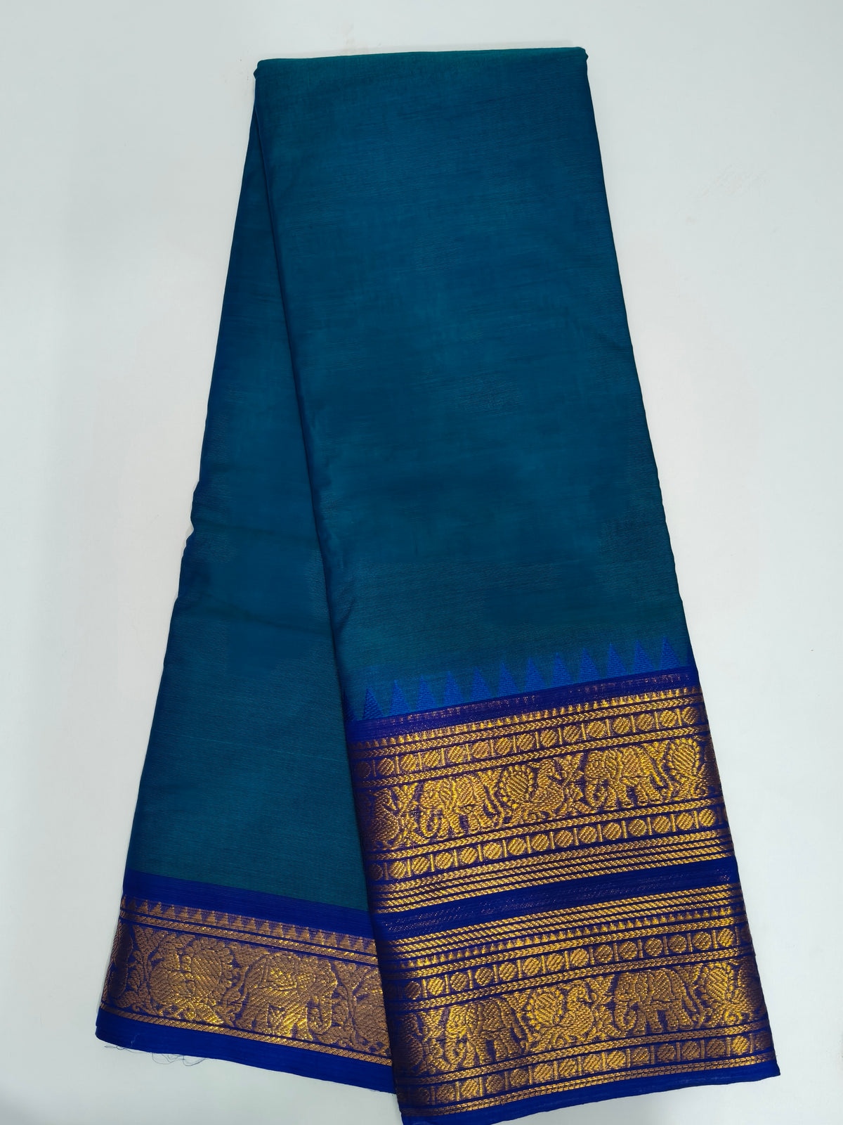 Blue Kanjeevaram Silk Saree with Golden Elephant Zari Border