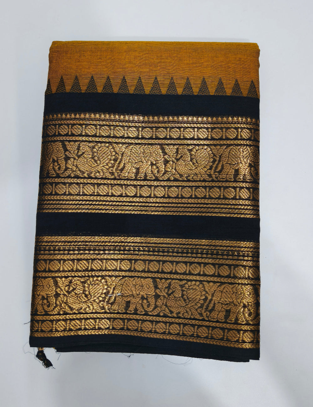 Elegant Mustard Kanchi Cotton Saree with Zari Elephant Border