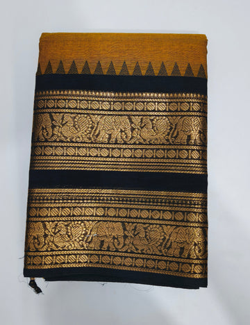 Elegant Mustard Kanchi Cotton Saree with Zari Elephant Border