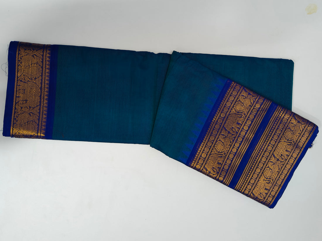 Blue Kanjeevaram Silk Saree with Golden Elephant Zari Border