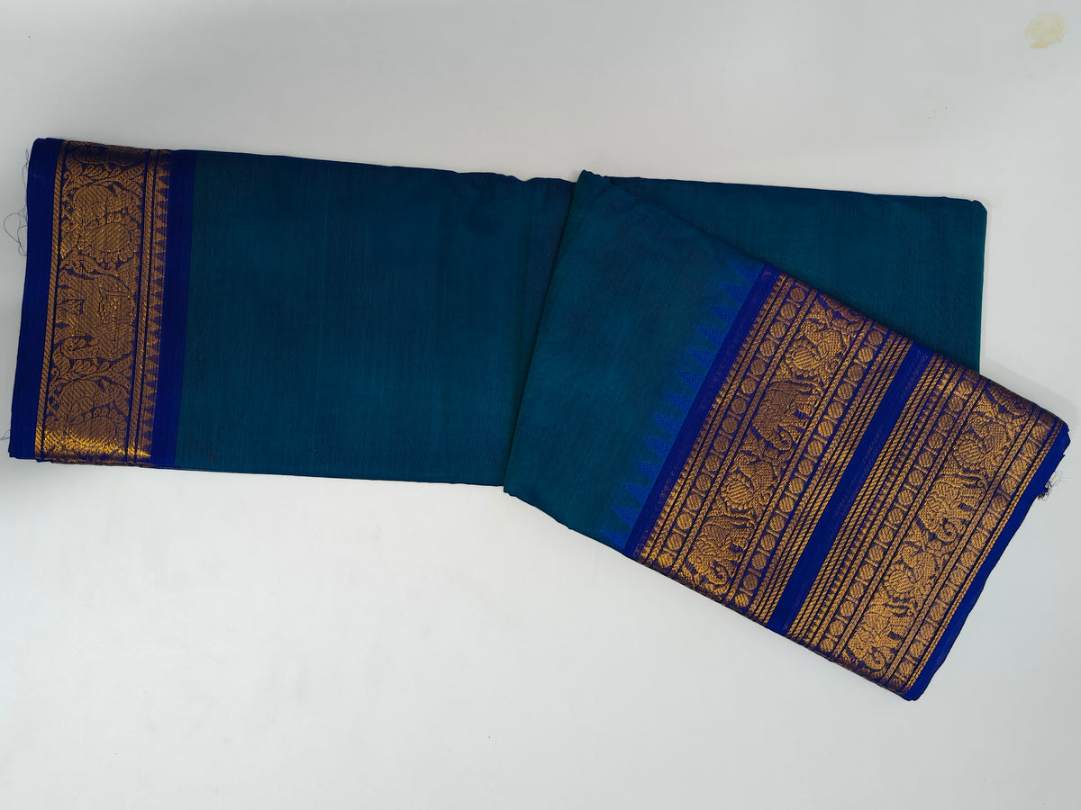 Blue Kanjeevaram Silk Saree with Golden Elephant Zari Border