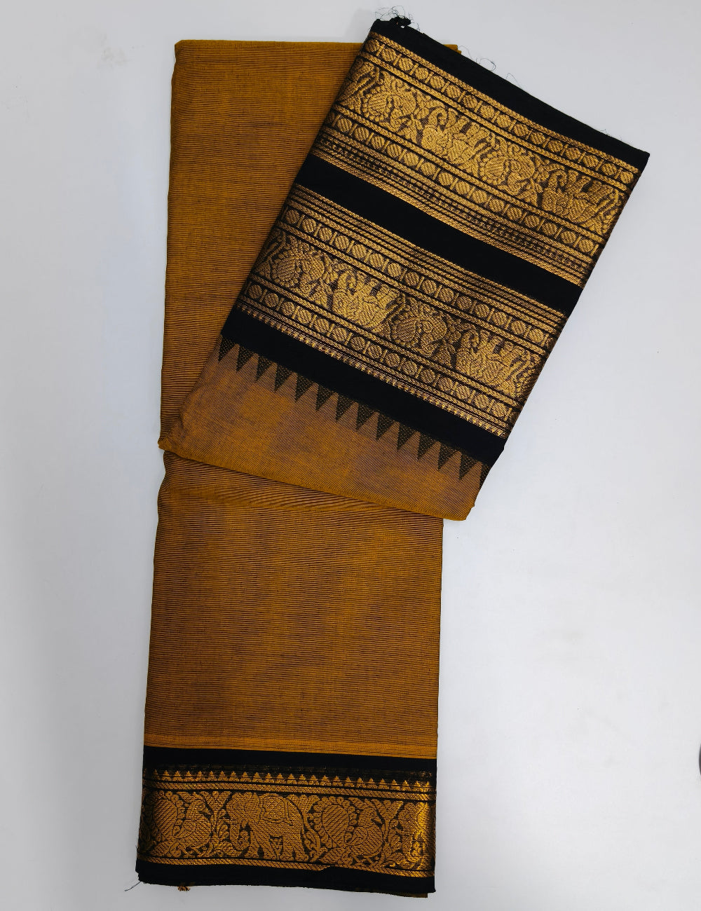 Elegant Mustard Kanchi Cotton Saree with Zari Elephant Border