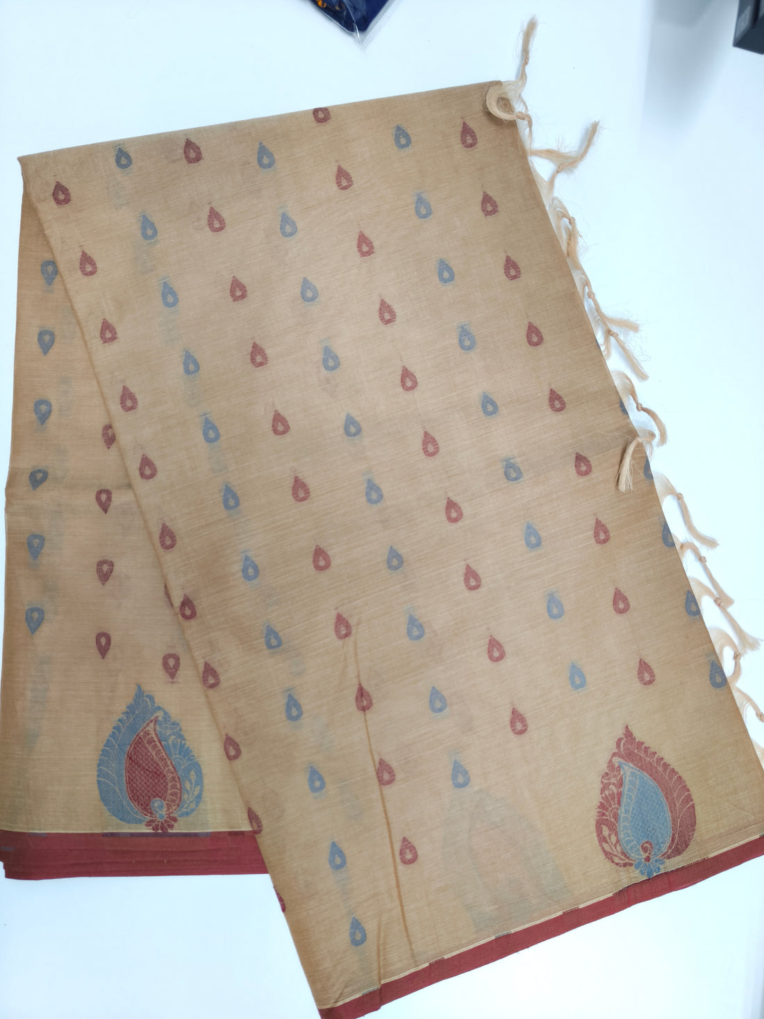 Beige Cotton Paisley Printed Saree with Red Border