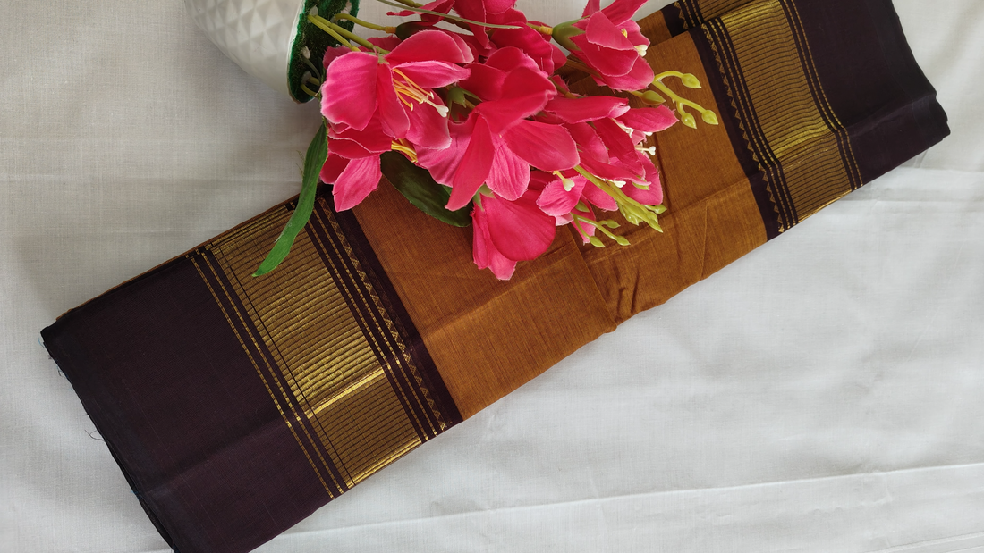 Brown Cotton Saree with Golden Woven Border