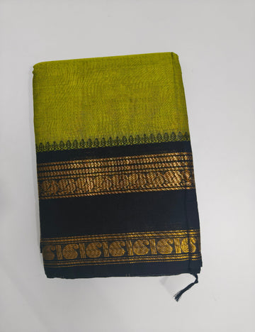 Kanchi Cotton Saree with Golden Zari Border - Mehendi Green