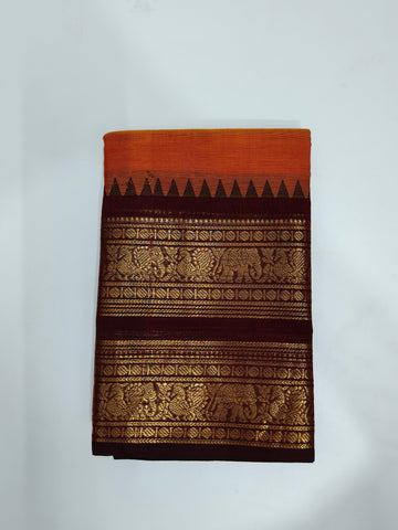 Orange Kanchi Cotton Saree with Golden Elephant Woven Border