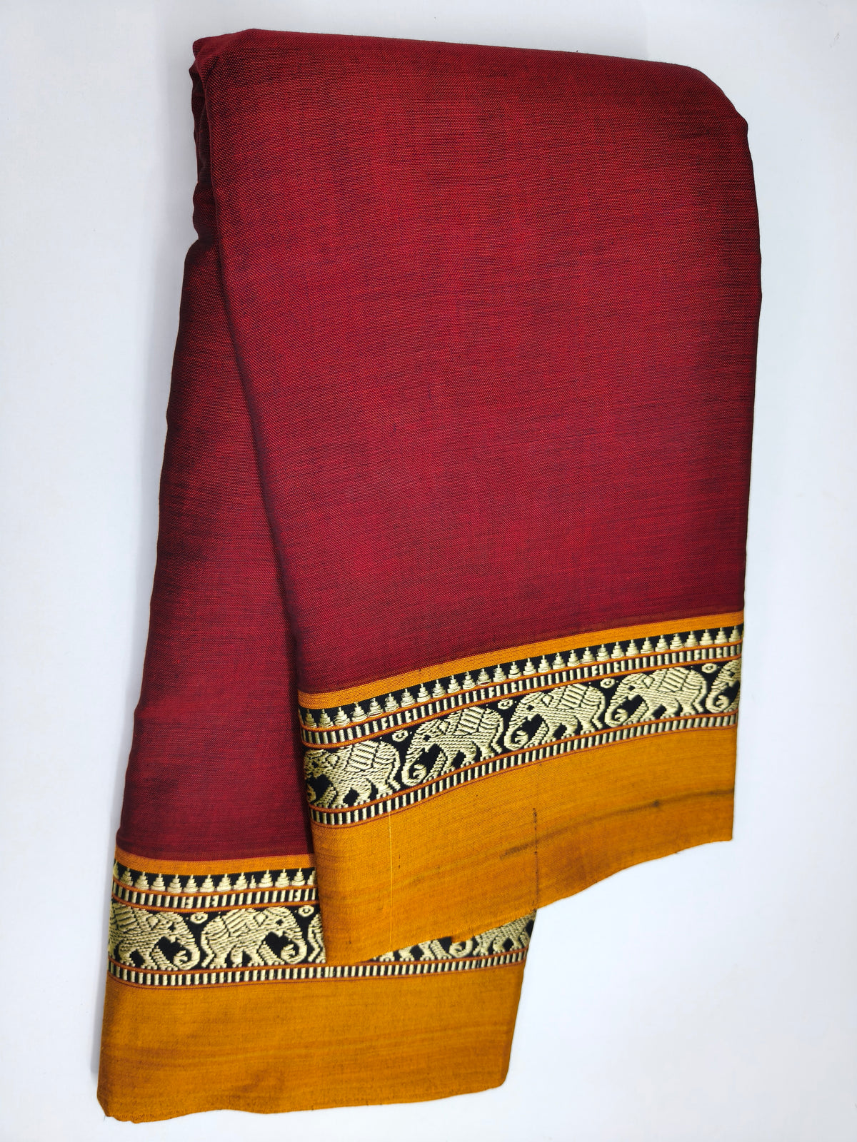 Maroon Kanchi Cotton Saree with Elephant Woven Border