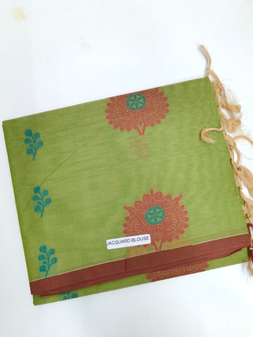 Chettinad Cotton Saree - Green Floral with Jacquard Blouse