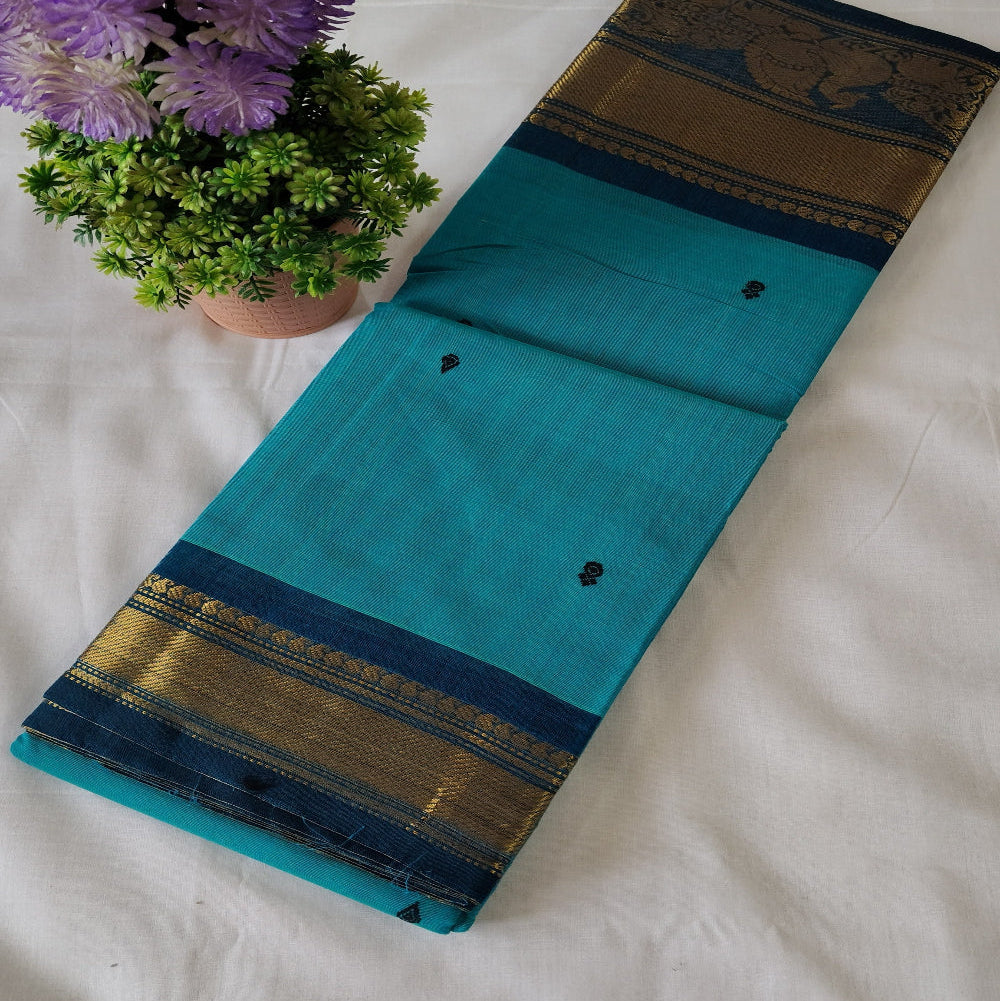 Kanchi Cotton Saree in Blue with Gold Zari Border