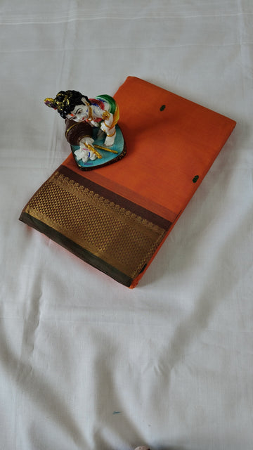 Orange Cotton Saree with Gold Border