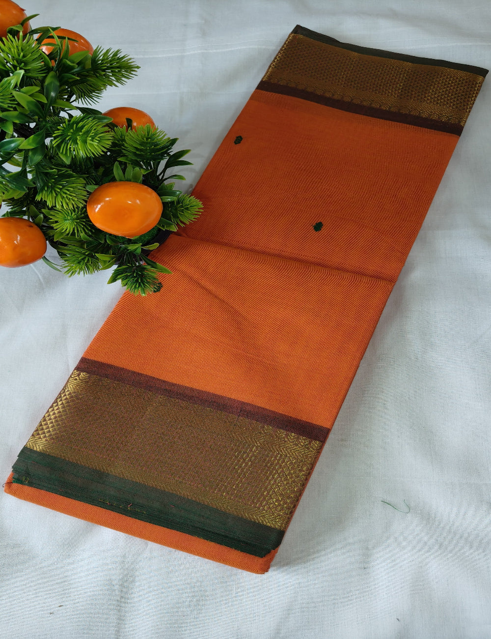 Kanchi Cotton Saree Orange with Golden Zari Border