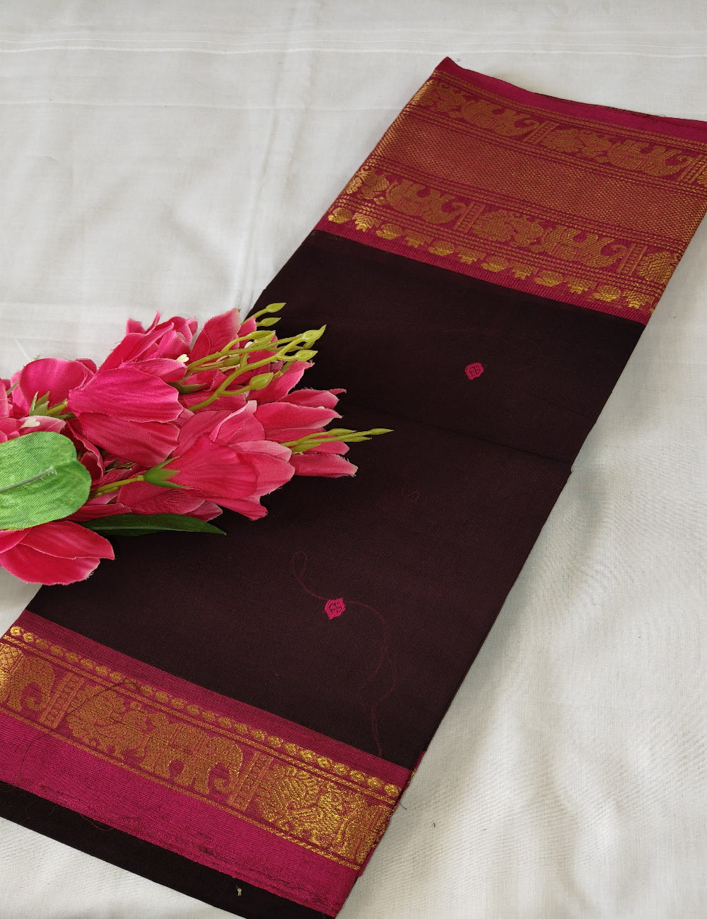 Maroon Kanchi Cotton Saree with Golden Zari Border