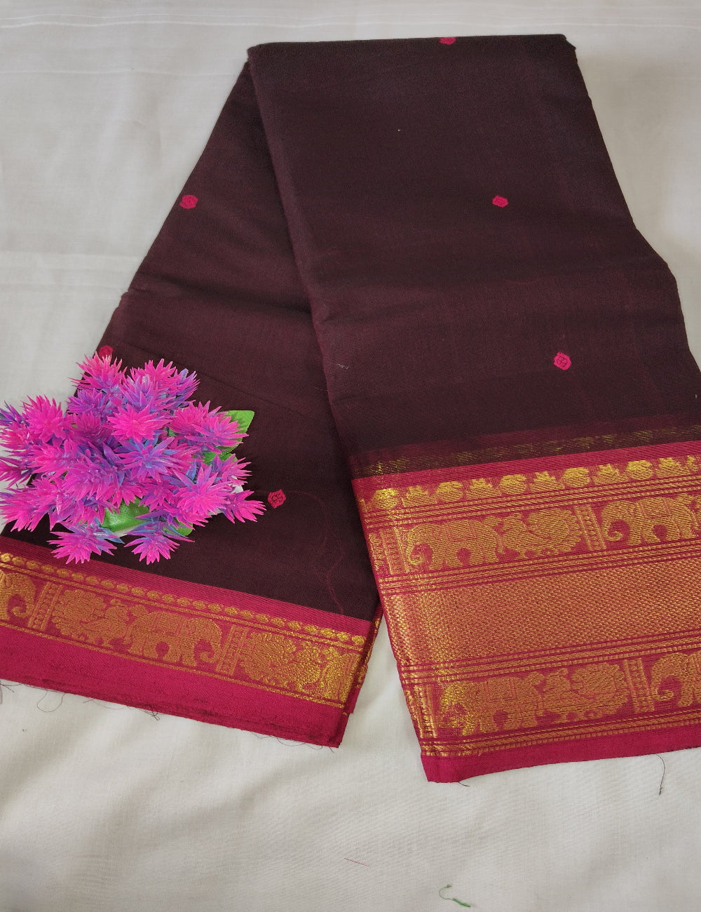Maroon Kanchi Cotton Saree with Golden Zari Border