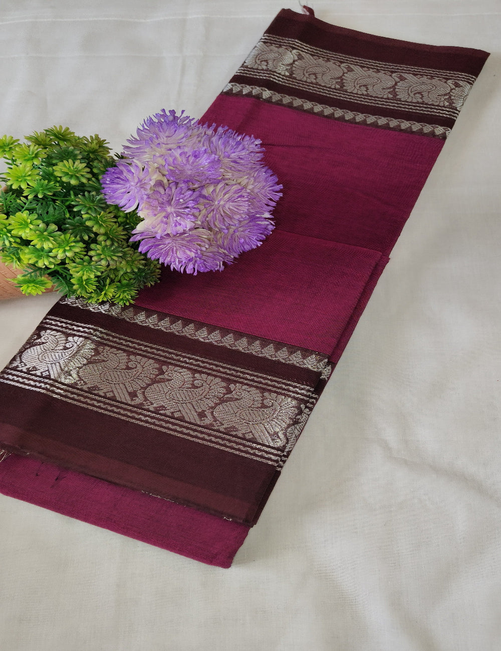 Kanchi Cotton Saree with Zari Peacock Border