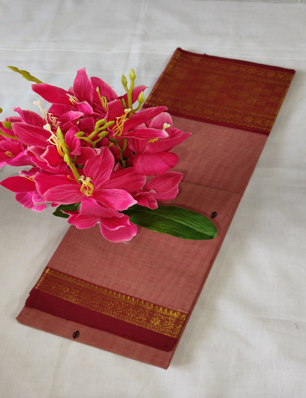 Kanchi Cotton Saree - Rust Red with Gold Border