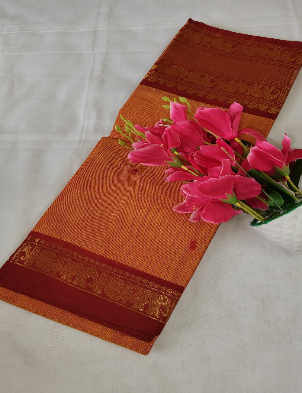 Kanchi Cotton Saree with Gold Elephant Border