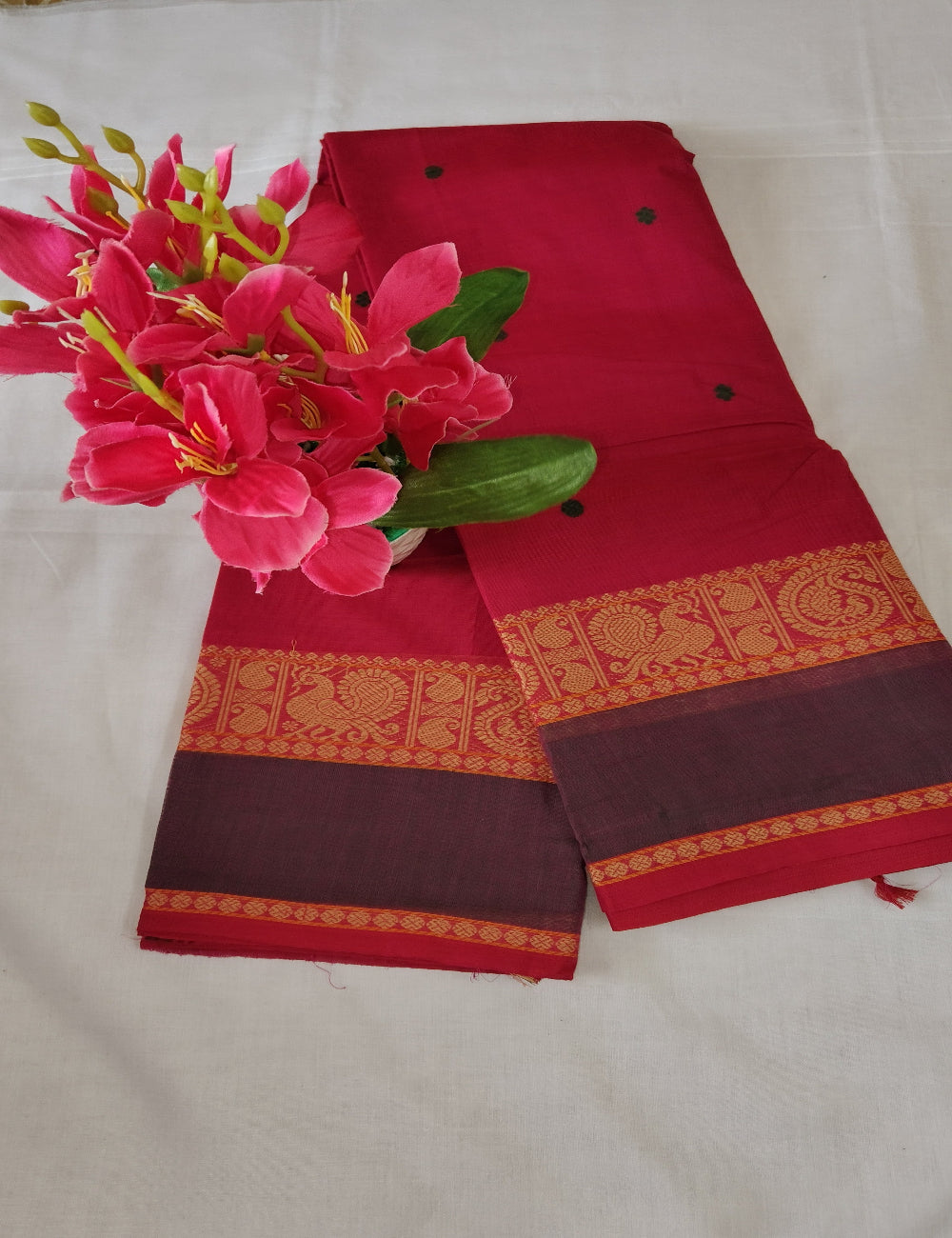 Kanchi Cotton Saree Deep Red with thread Border