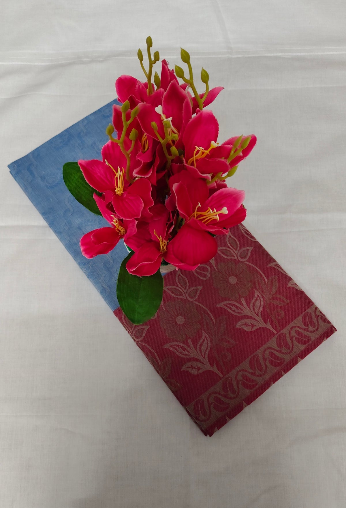 Kovai Negamam Cotton Saree - Blue with Pink Floral Border