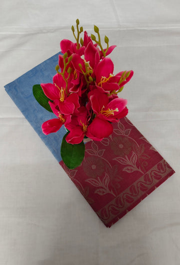 Kovai Negamam Cotton Saree - Blue with Pink Floral Border