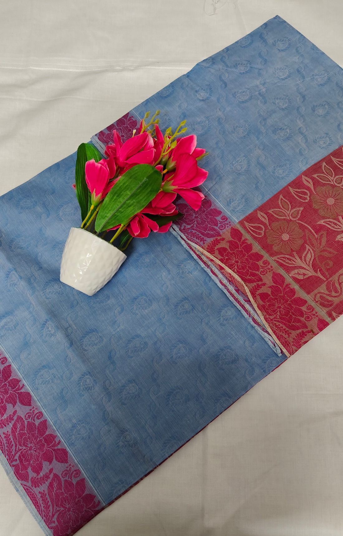 Kovai Negamam Cotton Saree - Blue with Pink Floral Border