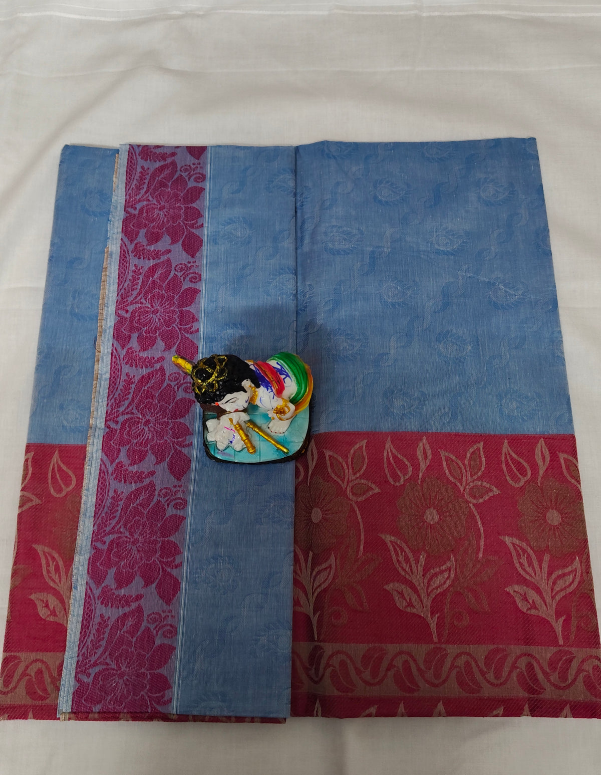 Kovai Negamam Cotton Saree - Blue with Pink Floral Border