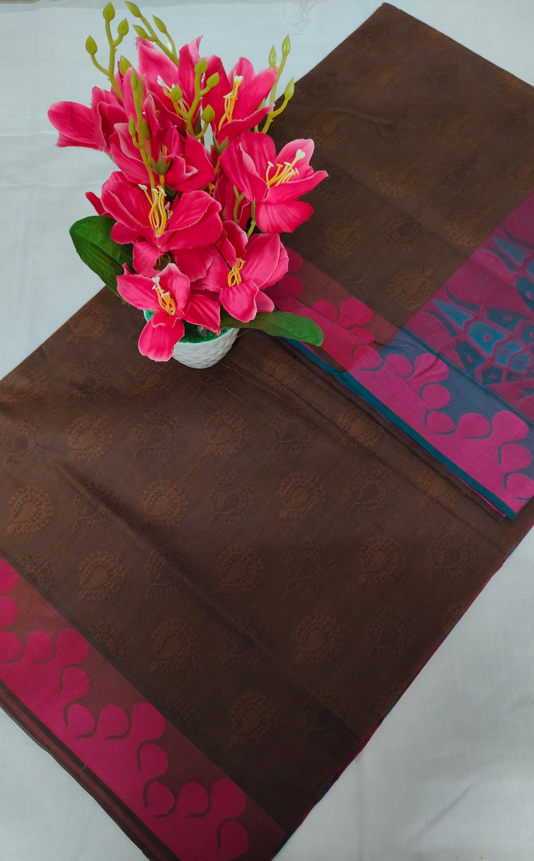 Kovai Negamam Brown Cotton Saree with Magenta Border