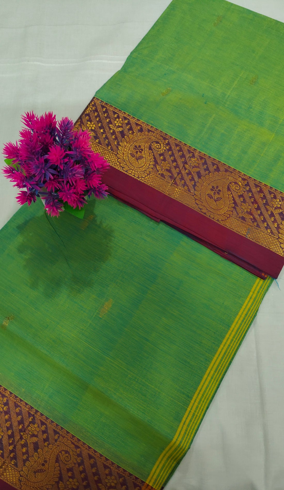 Chettinad Cotton Saree in Green with Maroon Border