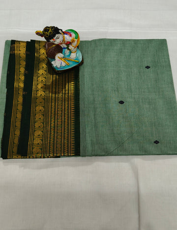 Green Chettinad Cotton Saree with Black Gold Border