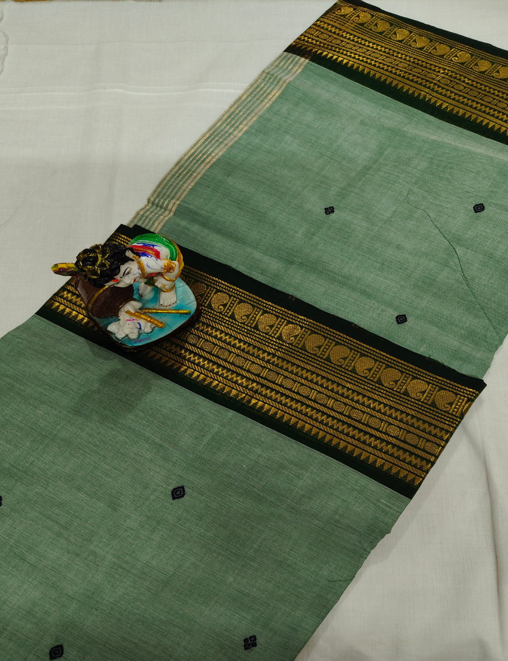 Green Chettinad Cotton Saree with Black Gold Border