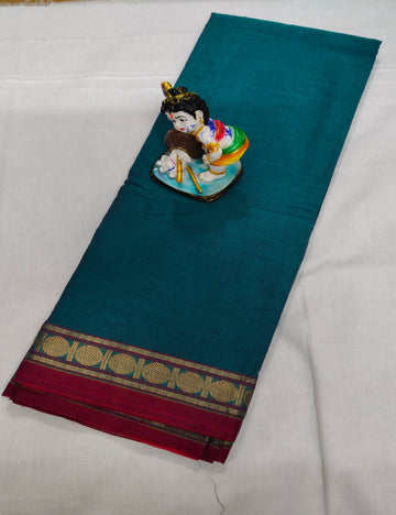 Teal blue Chettinad Cotton Saree with Maroon Zari Border
