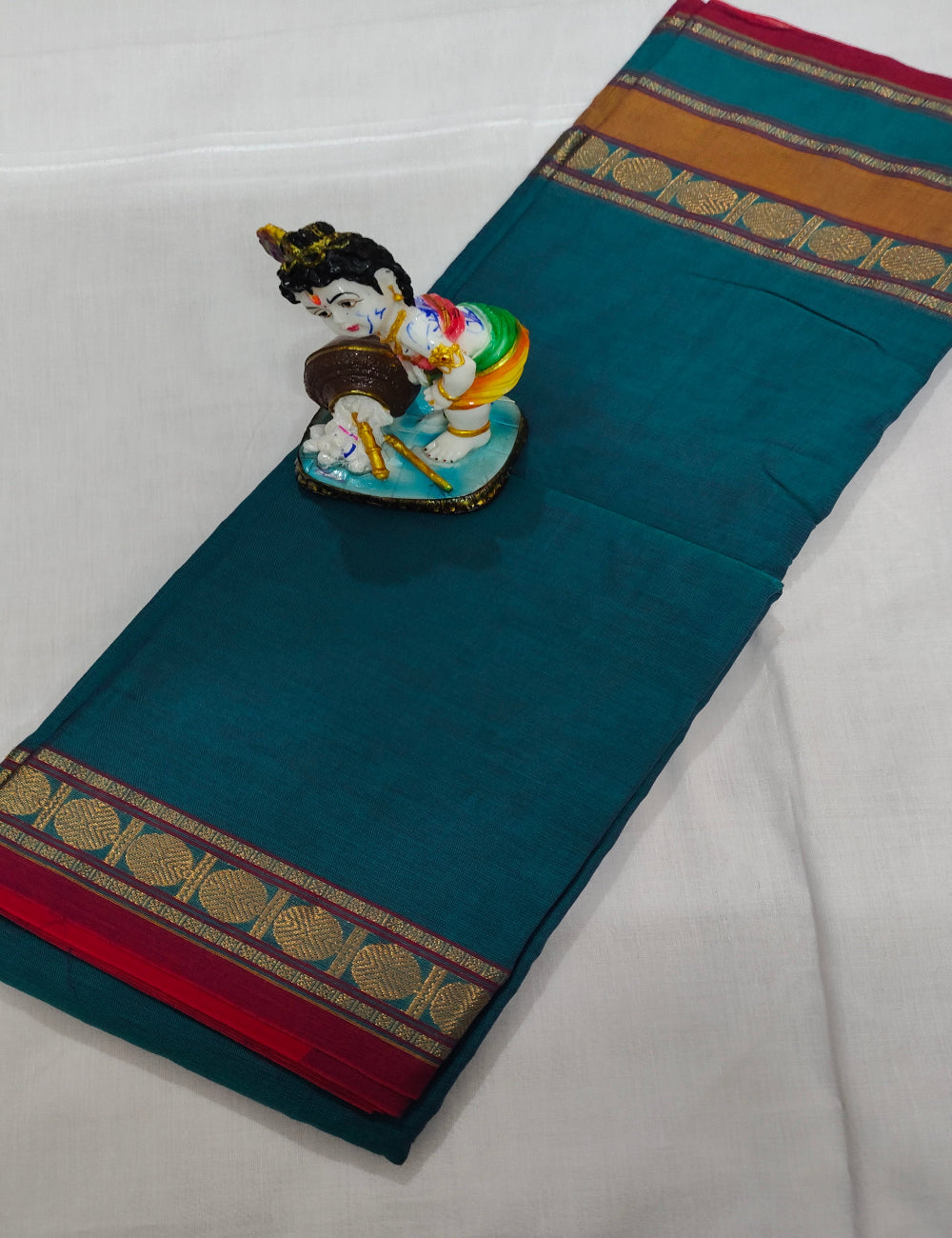 Teal blue Chettinad Cotton Saree with Maroon Zari Border