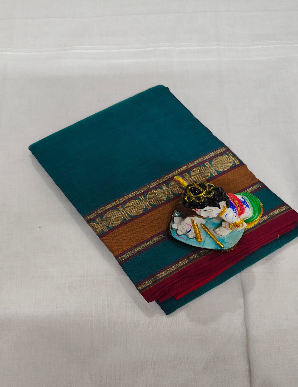 Teal blue Chettinad Cotton Saree with Maroon Zari Border