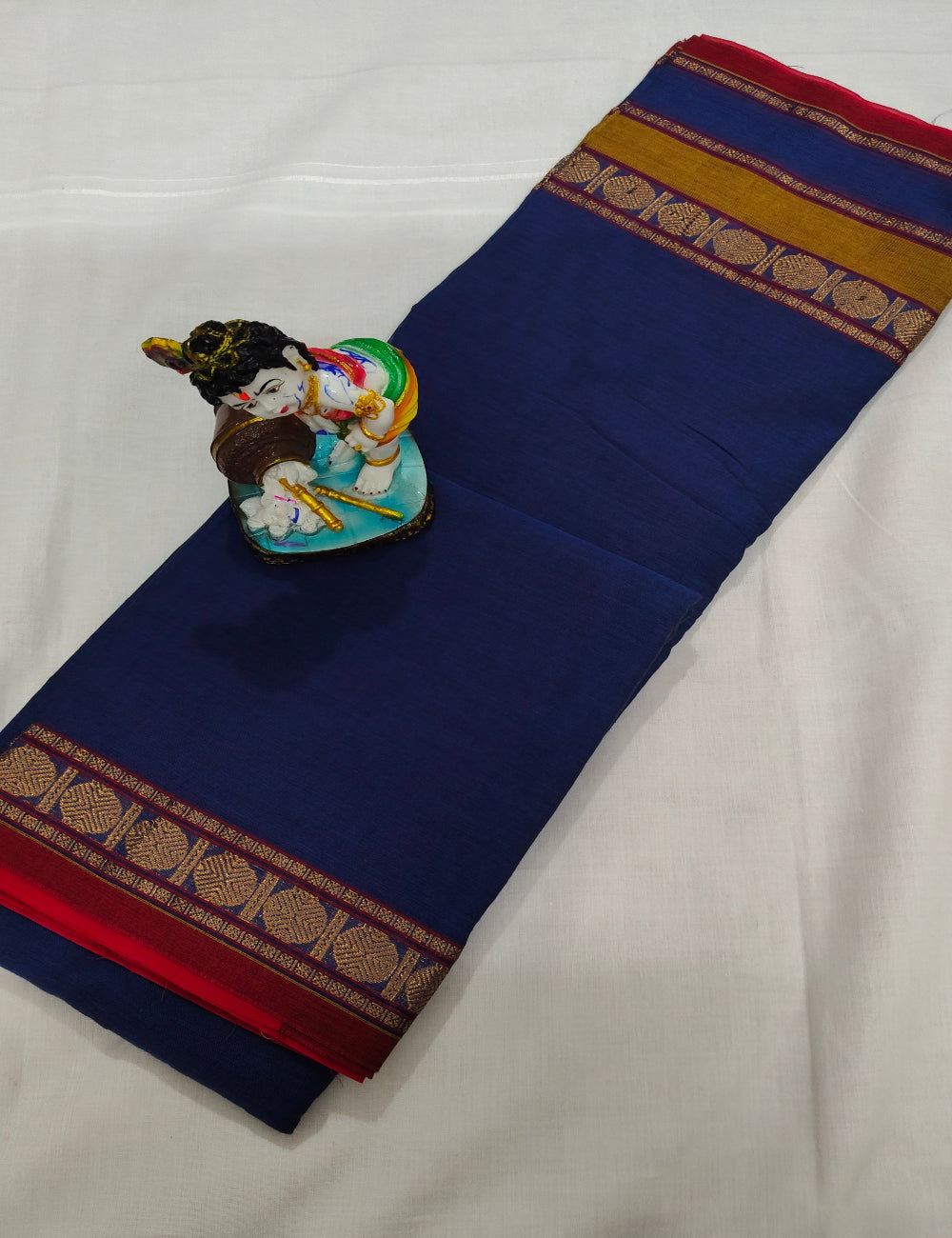 Chettinad Cotton Navy Blue Saree with Gold Zari Border