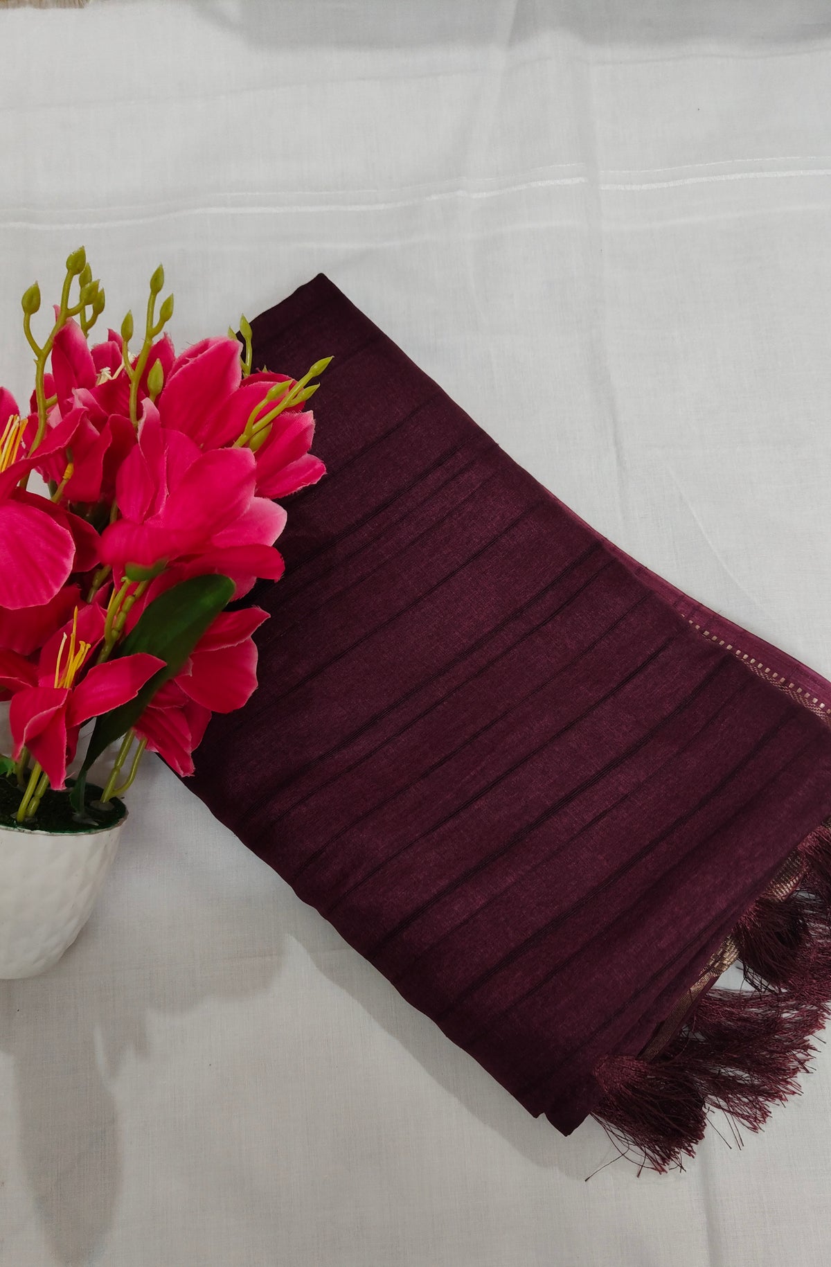 Maroon Linen Cotton Saree with Golden Border