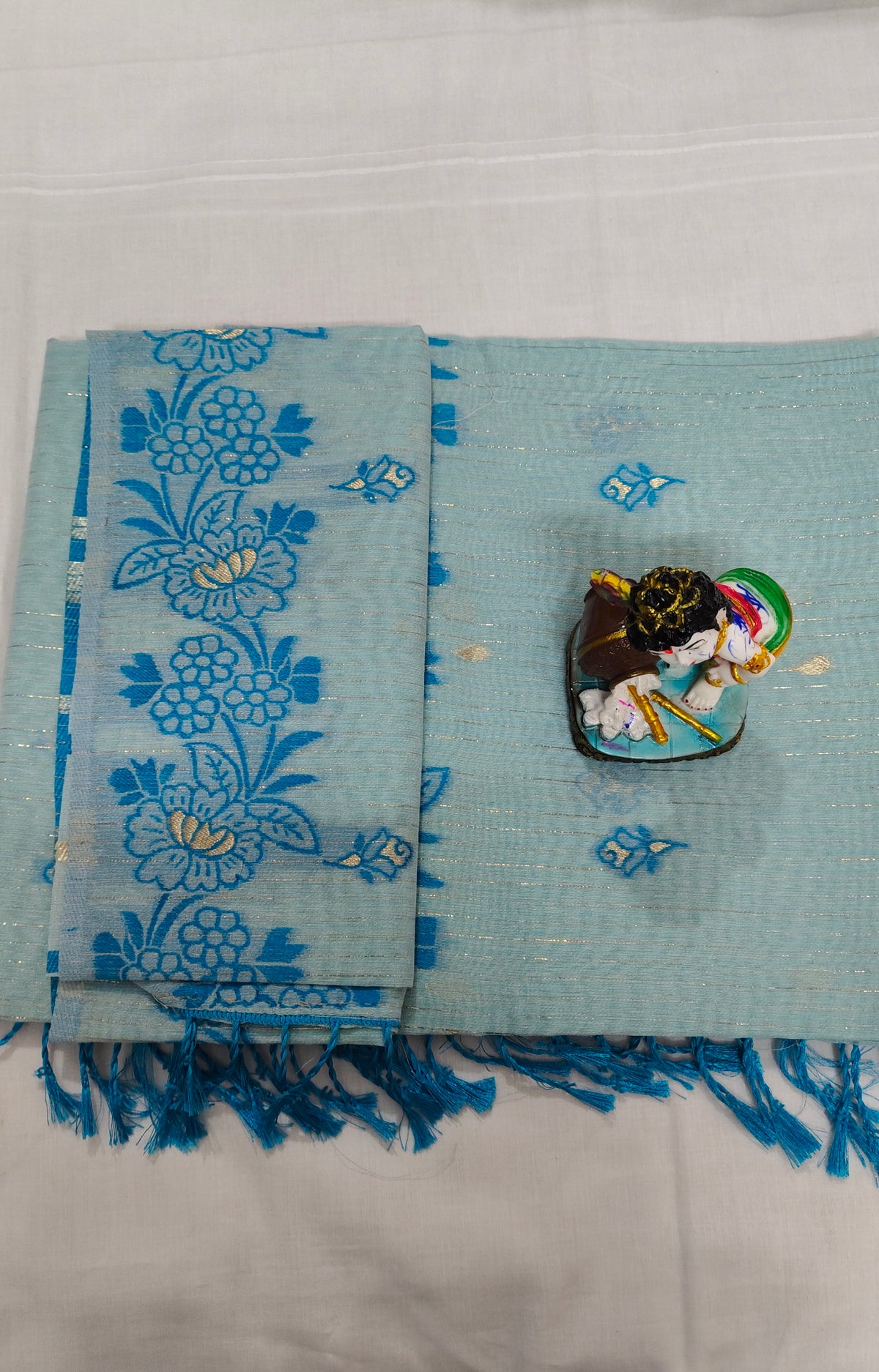Sky Blue Linen Cotton Saree with Floral Embroidery