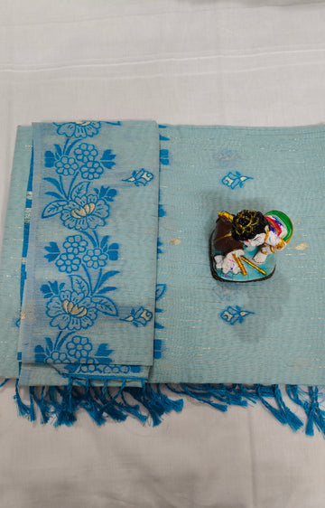 Sky Blue Linen Cotton Saree with Floral Embroidery