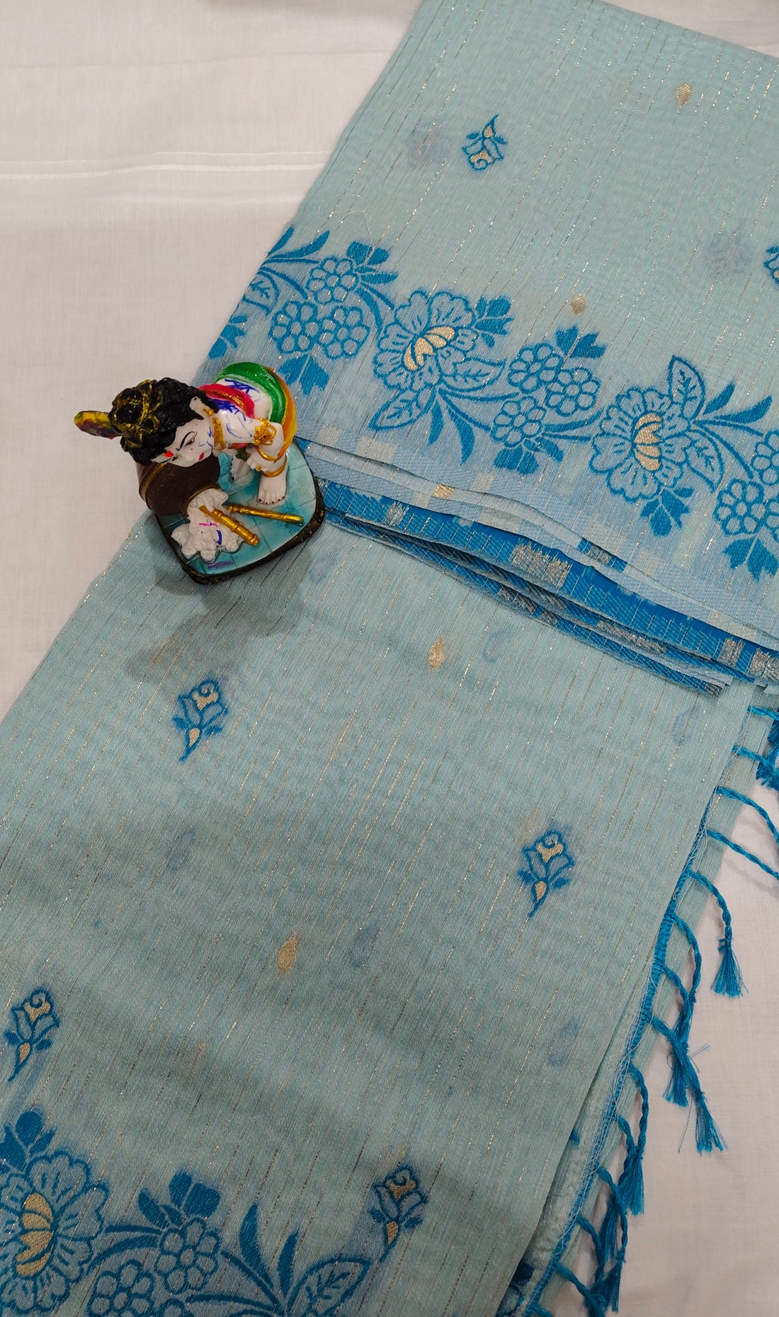 Sky Blue Linen Cotton Saree with Floral Embroidery