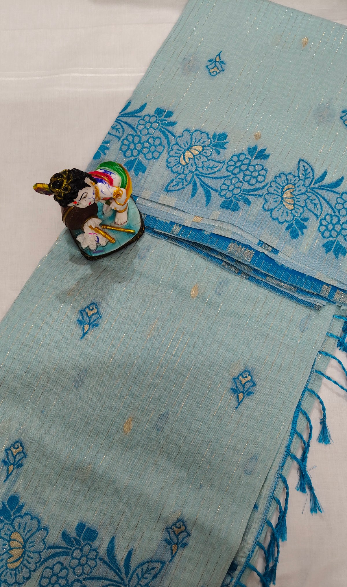 Sky Blue Linen Cotton Saree with Floral Embroidery