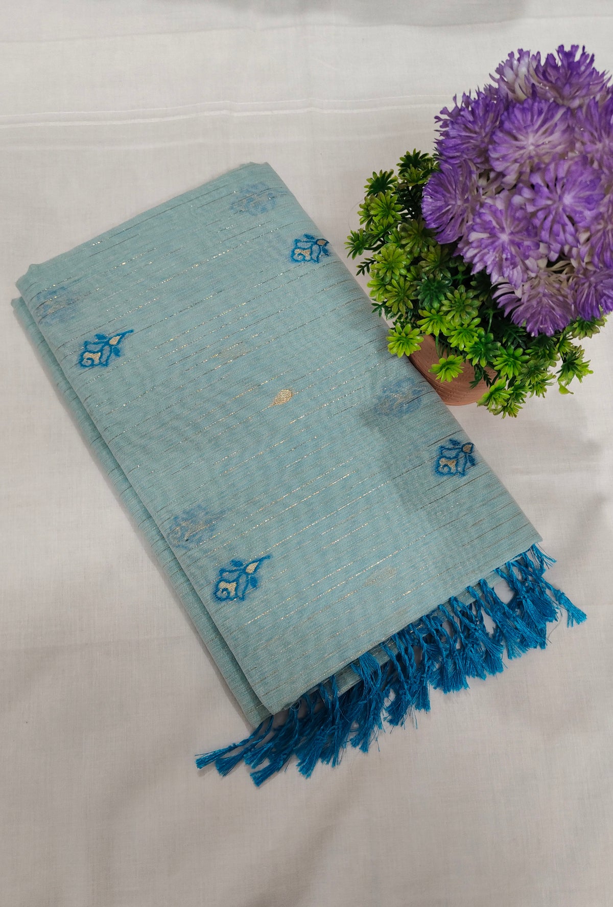 Sky Blue Linen Cotton Saree with Floral Embroidery